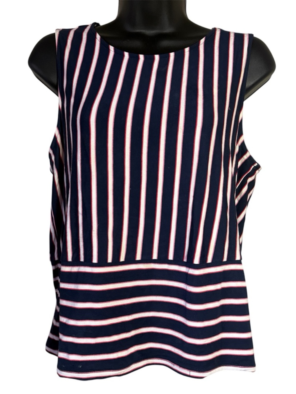 Skechers Navy, White & Red Striped Sleeveless Nautical Peplum Tank - S